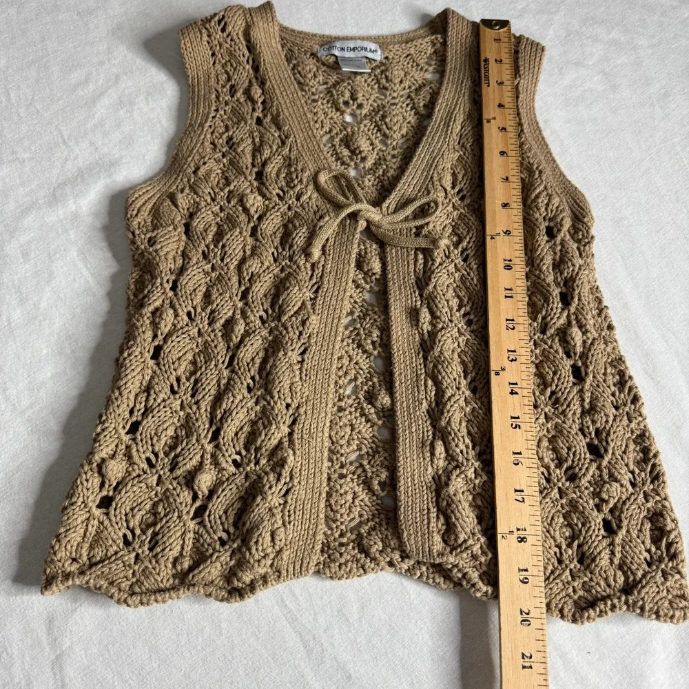 Cotton Emporium Tan Crochet‎ Knit Tie Front Vest Boho Sleeveless Cardigan Medium